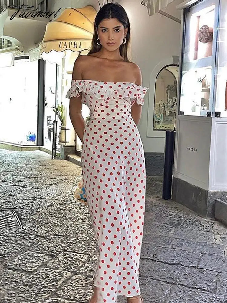 Women's Summer Polka Dot Printed A-Line Dress Sexy one word neckline dresses Ruffled Vintage Dresses Home Party Dresses y2k