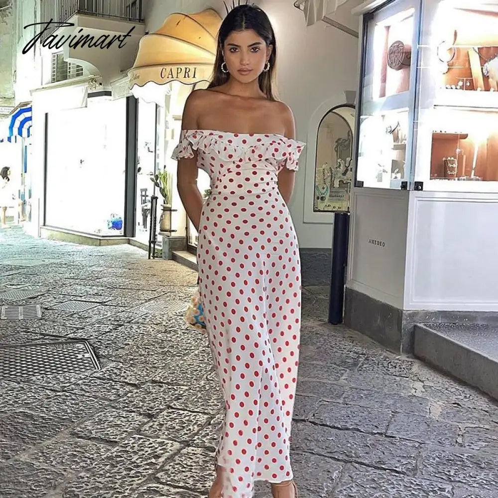 Women's Summer Polka Dot Printed A-Line Dress Sexy one word neckline dresses Ruffled Vintage Dresses Home Party Dresses y2k