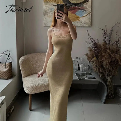 Women's Summer Sexy Sling Dresses Women's Knitted High Elastic Backless Slit Mid Length Dress Elegant Birthday Party Club