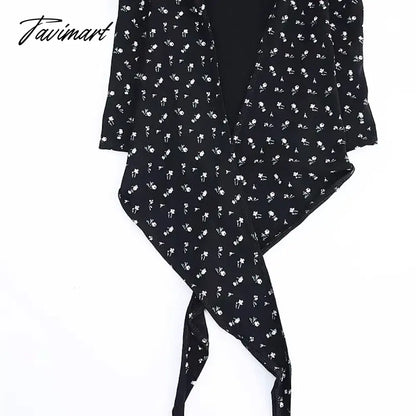 Women Self Tie Front Wrap Tee Print Floral T-shirt V neck Long Sleeve Two Ways Top