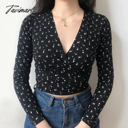 Women Self Tie Front Wrap Tee Print Floral T-shirt V neck Long Sleeve Two Ways Top
