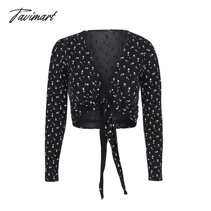 Women Self Tie Front Wrap Tee Print Floral T-shirt V neck Long Sleeve Two Ways Top