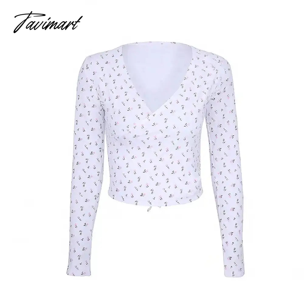 Women Self Tie Front Wrap Tee Print Floral T-shirt V neck Long Sleeve Two Ways Top