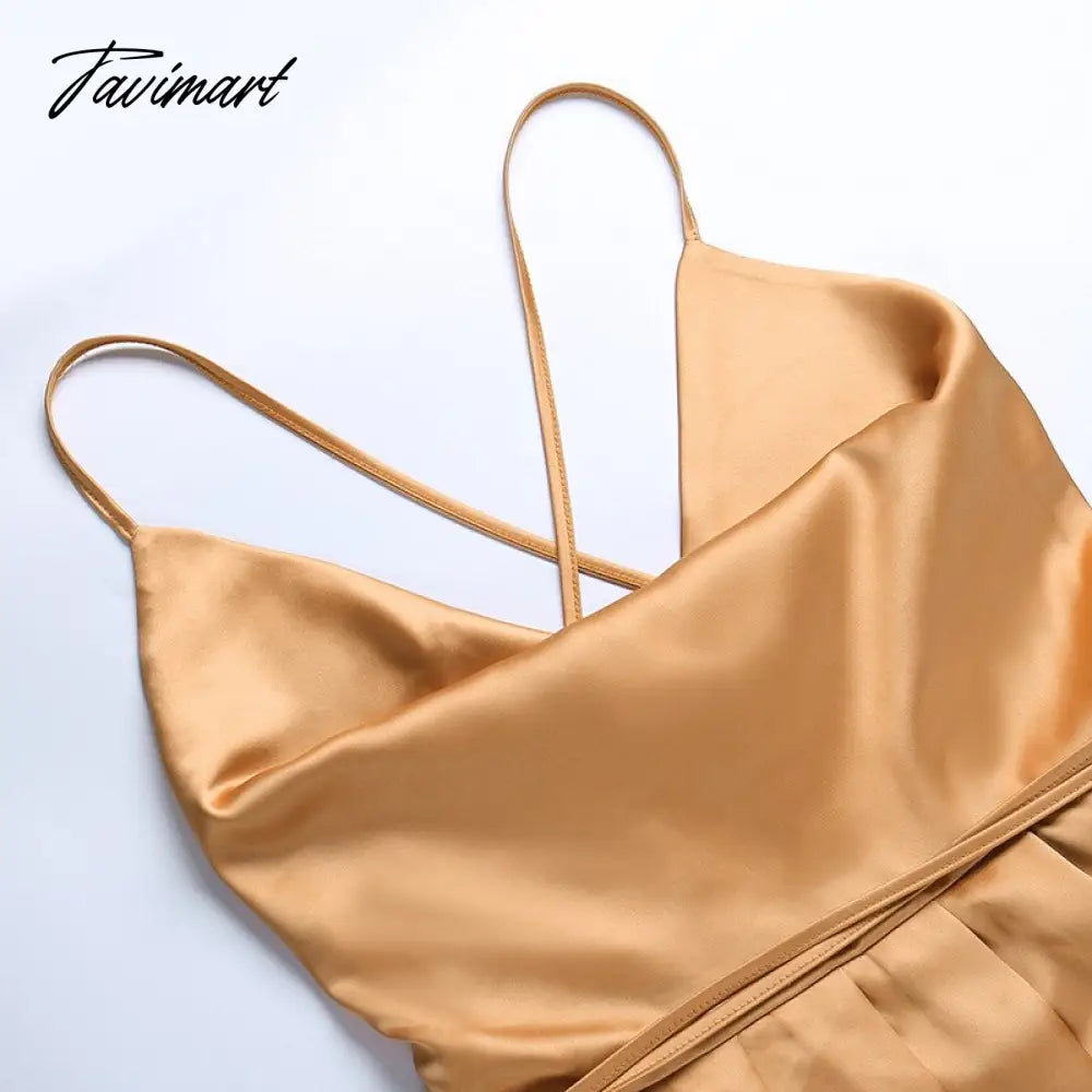 Women Sexy Backless Lace Up Long Dress Elegant Swinging Collar A Line Party Pleated Dress Summer Satin Sling Maxi Dresses