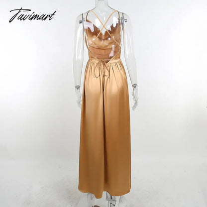 Women Sexy Backless Lace Up Long Dress Elegant Swinging Collar A Line Party Pleated Dress Summer Satin Sling Maxi Dresses