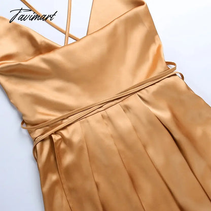 Women Sexy Backless Lace Up Long Dress Elegant Swinging Collar A Line Party Pleated Dress Summer Satin Sling Maxi Dresses