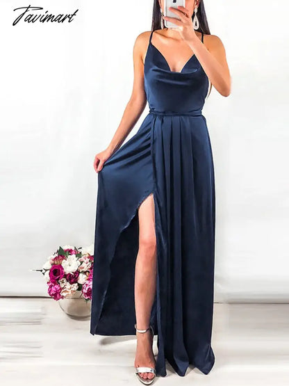 Women Sexy Backless Lace Up Long Dress Elegant Swinging Collar A Line Party Pleated Dress Summer Satin Sling Maxi Dresses