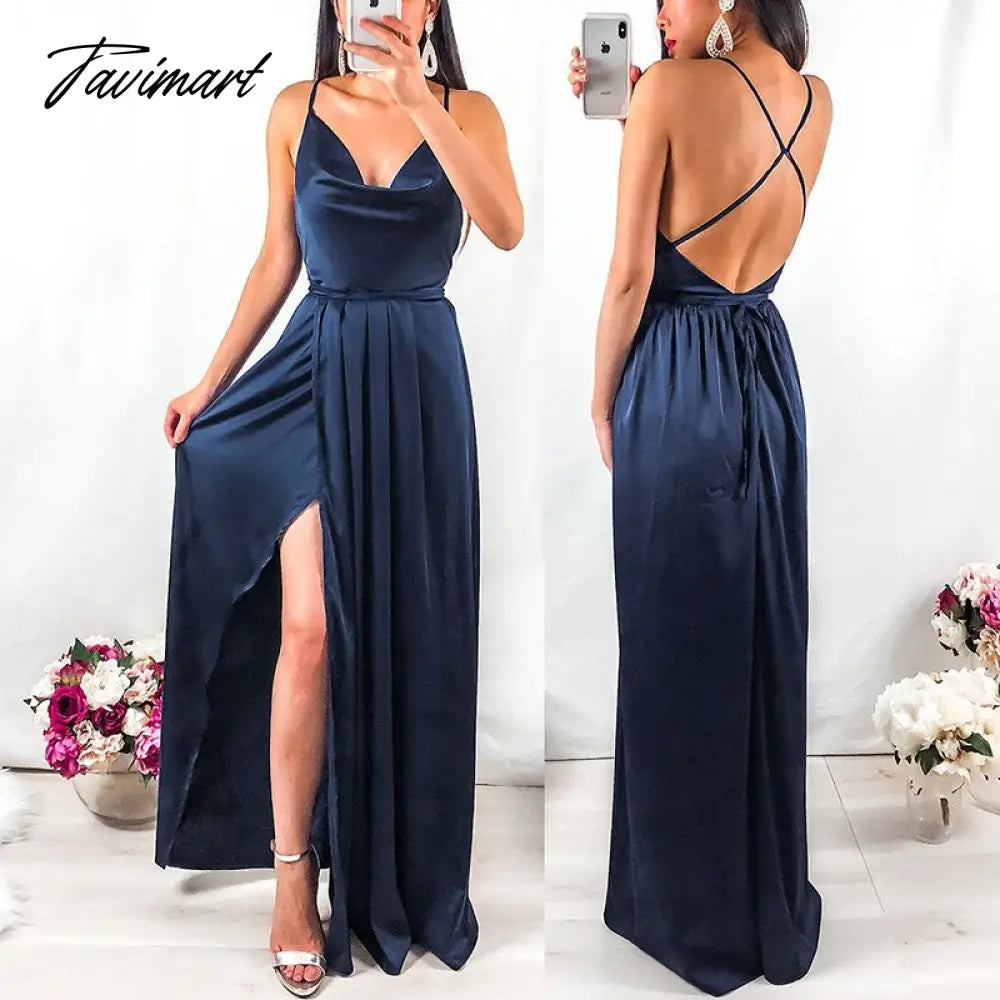 Women Sexy Backless Lace Up Long Dress Elegant Swinging Collar A Line Party Pleated Dress Summer Satin Sling Maxi Dresses