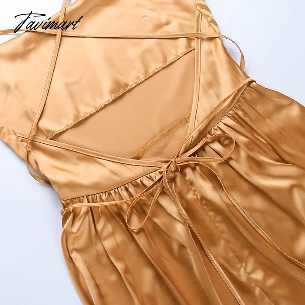 Women Sexy Backless Lace Up Long Dress Elegant Swinging Collar A Line Party Pleated Dress Summer Satin Sling Maxi Dresses