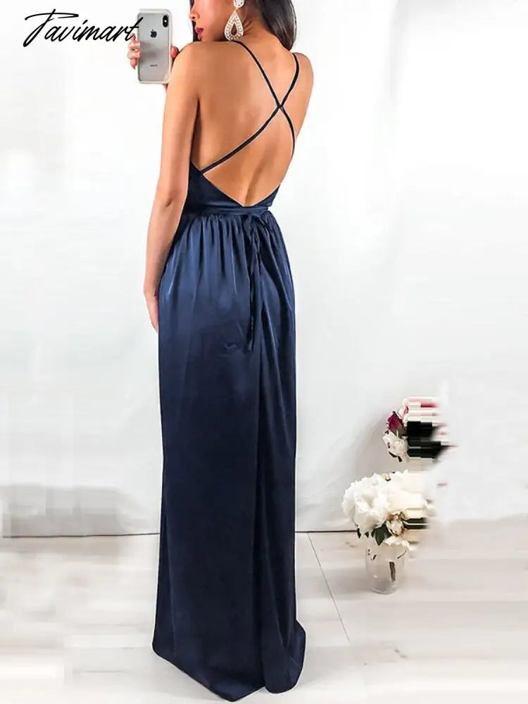 Women Sexy Backless Lace Up Long Dress Elegant Swinging Collar A Line Party Pleated Dress Summer Satin Sling Maxi Dresses