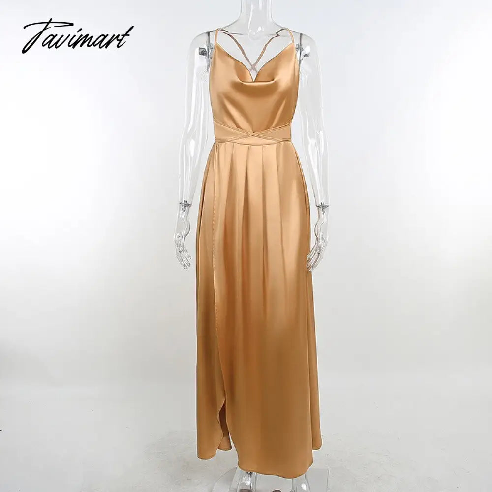 Women Sexy Backless Lace Up Long Dress Elegant Swinging Collar A Line Party Pleated Dress Summer Satin Sling Maxi Dresses