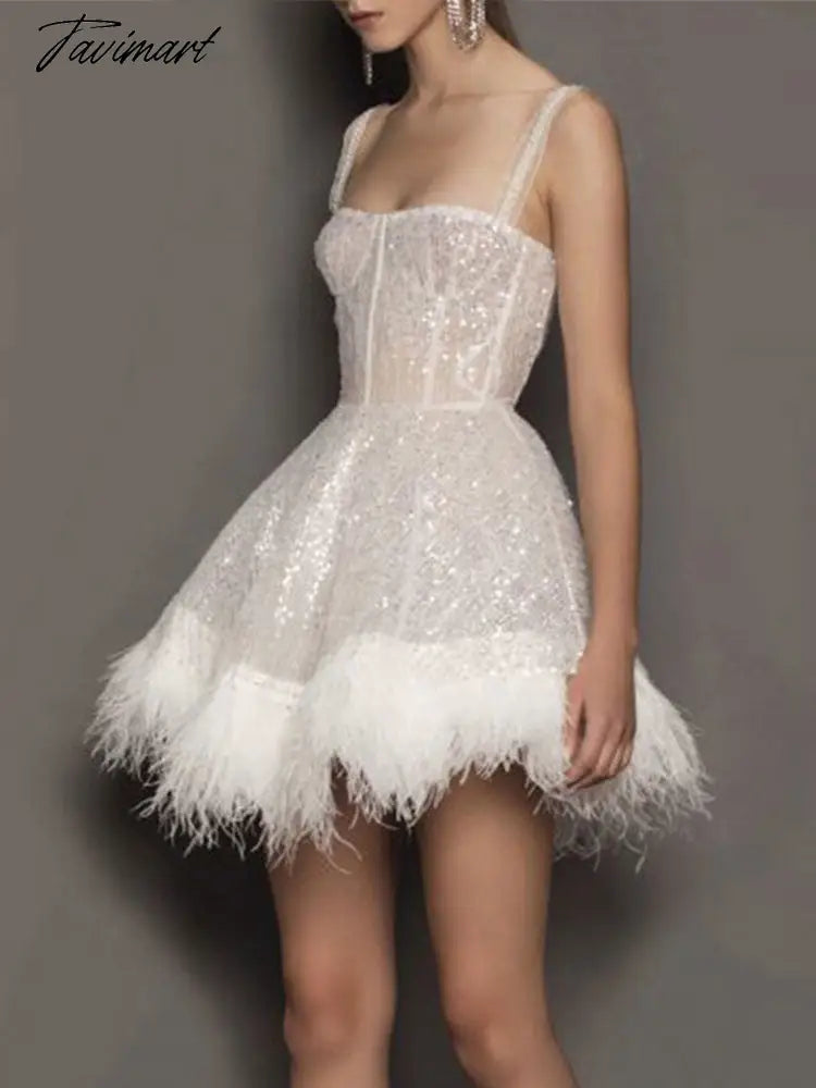 Women Sexy Off Shoulder Slip Feather Sequin Dress Summer Female Solid Bodycon Sleeveless Dresses Ladies Zipper Fashion Wear