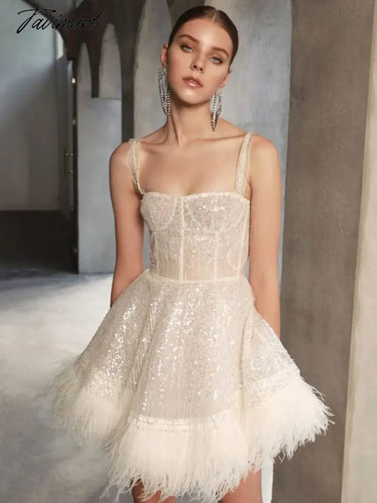 Women Sexy Off Shoulder Slip Feather Sequin Dress Summer Female Solid Bodycon Sleeveless Dresses Ladies Zipper Fashion Wear