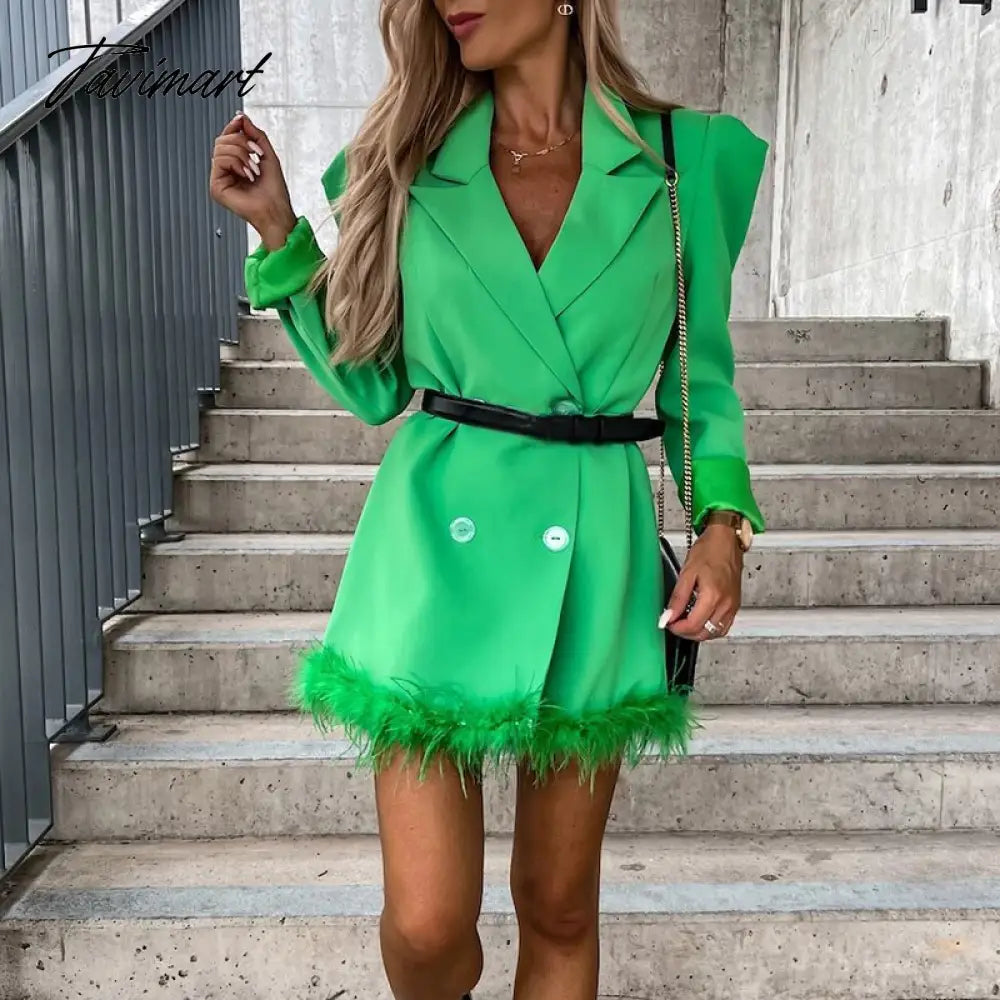 Women Sexy Patchwork Feather Jackets Winter Fashion Temperament Double-Breasted Suit Casual Long Sleeve Commute Blazer Coat