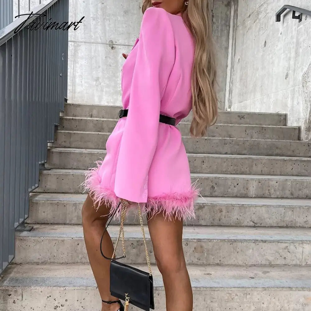 Women Sexy Patchwork Feather Jackets Winter Fashion Temperament Double-Breasted Suit Casual Long Sleeve Commute Blazer Coat