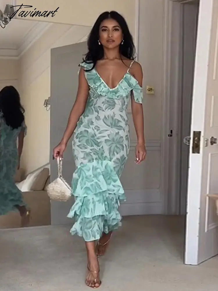 Women Sexy Printing Ruffle Midi Dress Vintage Sleeveless Backless Slim Suspender Frock Beach Holiday Party Vestido
