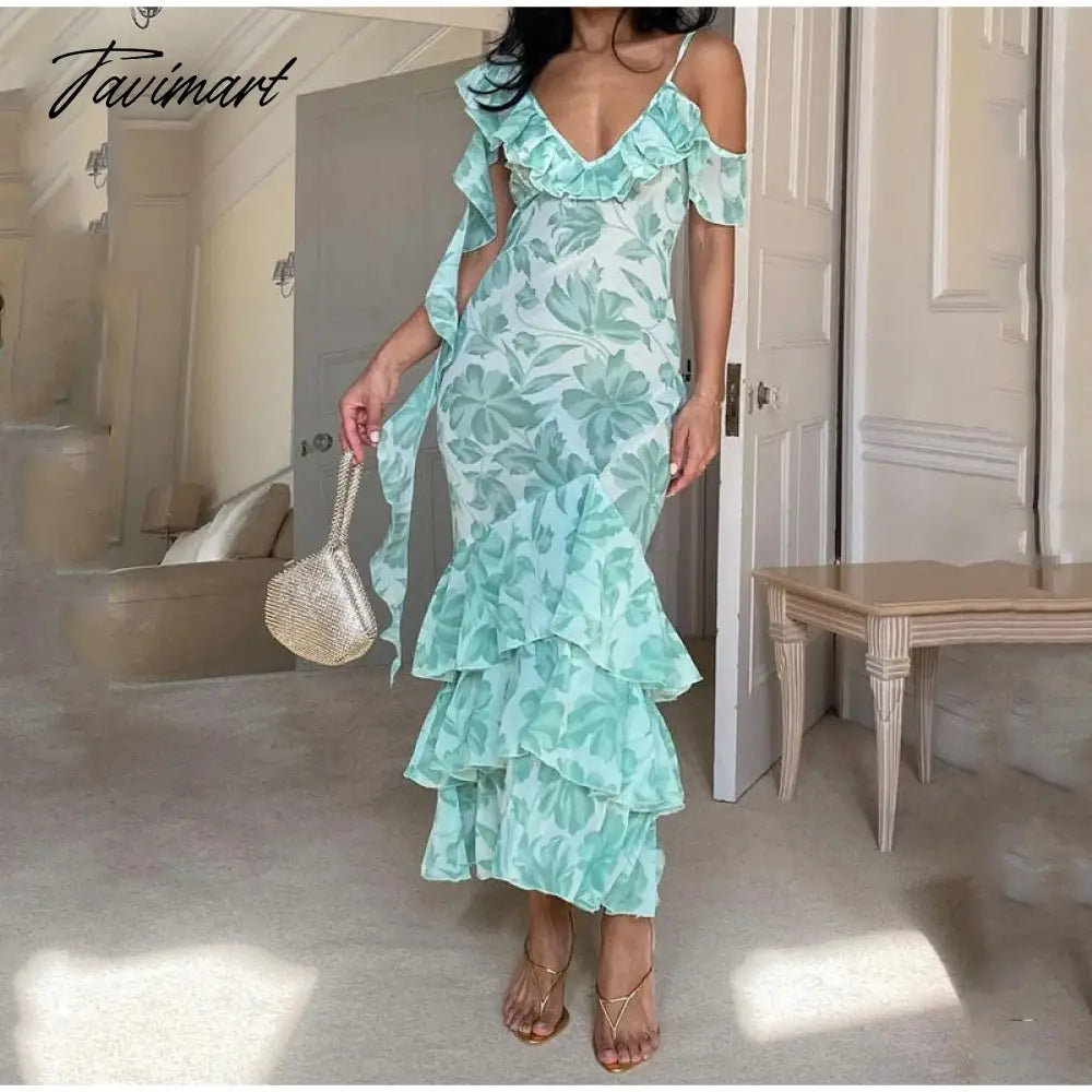 Women Sexy Printing Ruffle Midi Dress Vintage Sleeveless Backless Slim Suspender Frock Beach Holiday Party Vestido