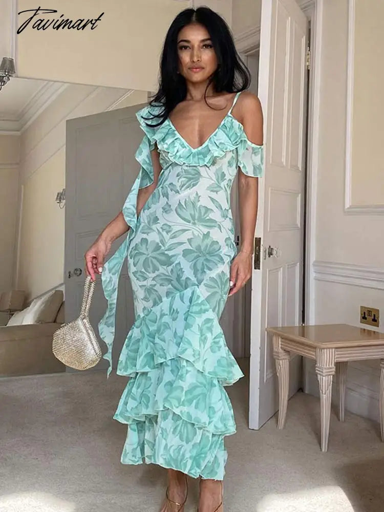 Women Sexy Printing Ruffle Midi Dress Vintage Sleeveless Backless Slim Suspender Frock Beach Holiday Party Vestido