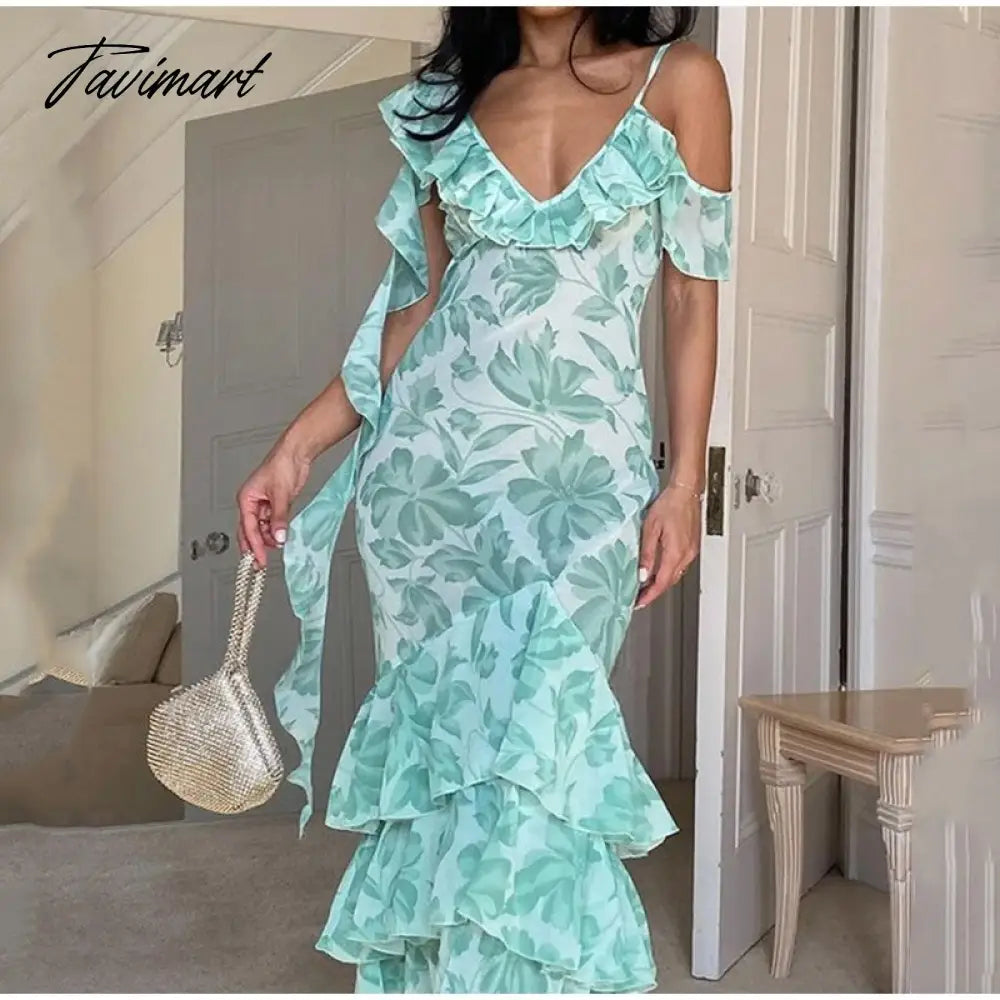Women Sexy Printing Ruffle Midi Dress Vintage Sleeveless Backless Slim Suspender Frock Beach Holiday Party Vestido