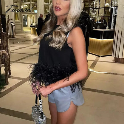 Women Sleeveless Crop Top Feathers Black Off Shoulder Summer White Cami Y2K Sexy Tank Tops Club Party
