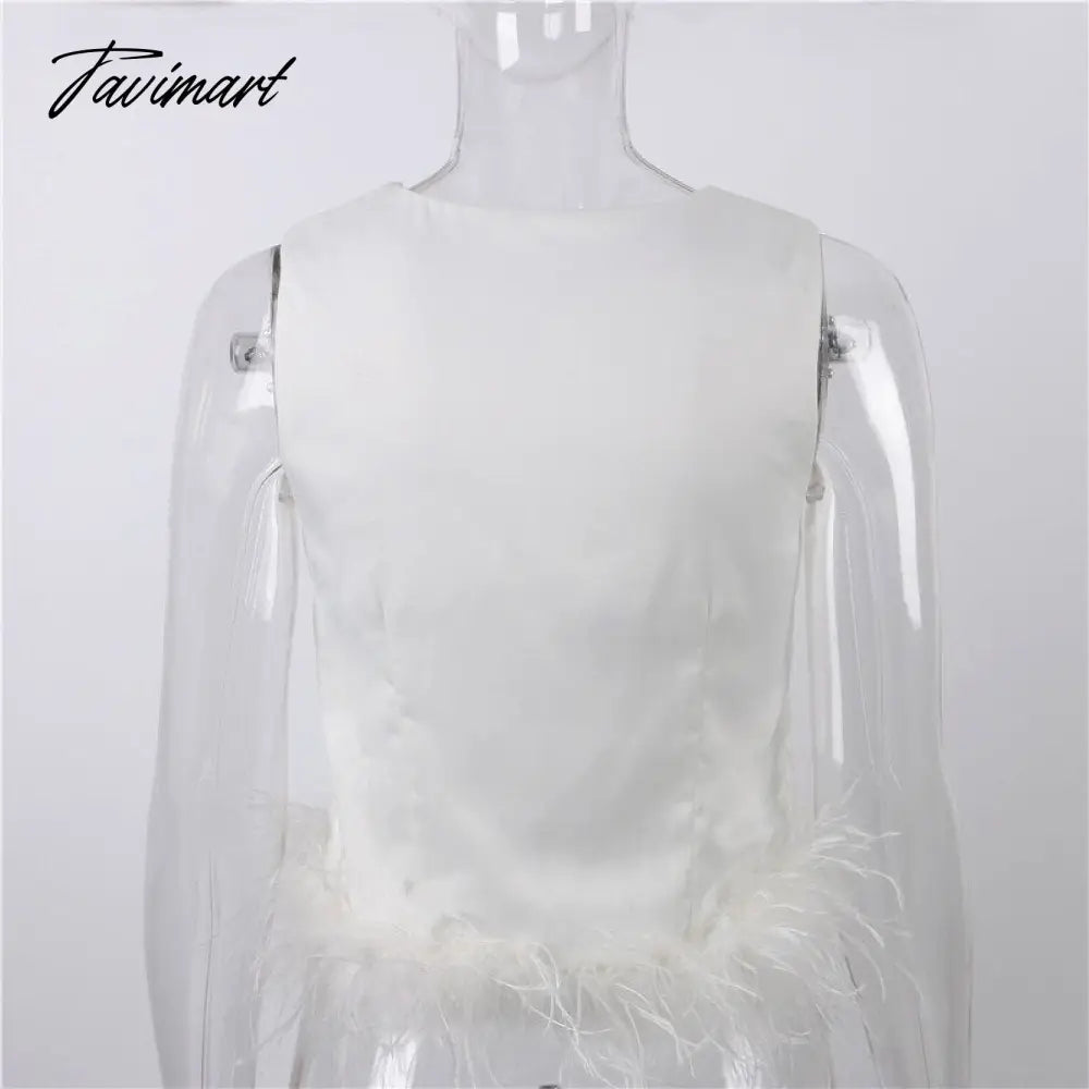 Women Sleeveless Crop Top Feathers Black Off Shoulder Summer White Cami Y2K Sexy Tank Tops Club Party