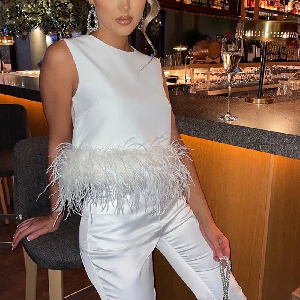 Women Sleeveless Crop Top Feathers Black Off Shoulder Summer White Cami Y2K Sexy Tank Tops Club Party