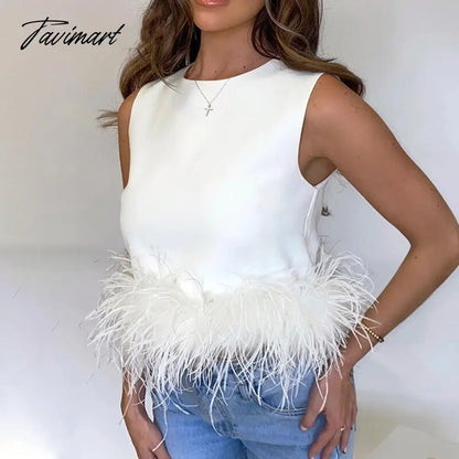 Women Sleeveless Crop Top Feathers Black Off Shoulder Summer White Cami Y2K Sexy Tank Tops Club Party