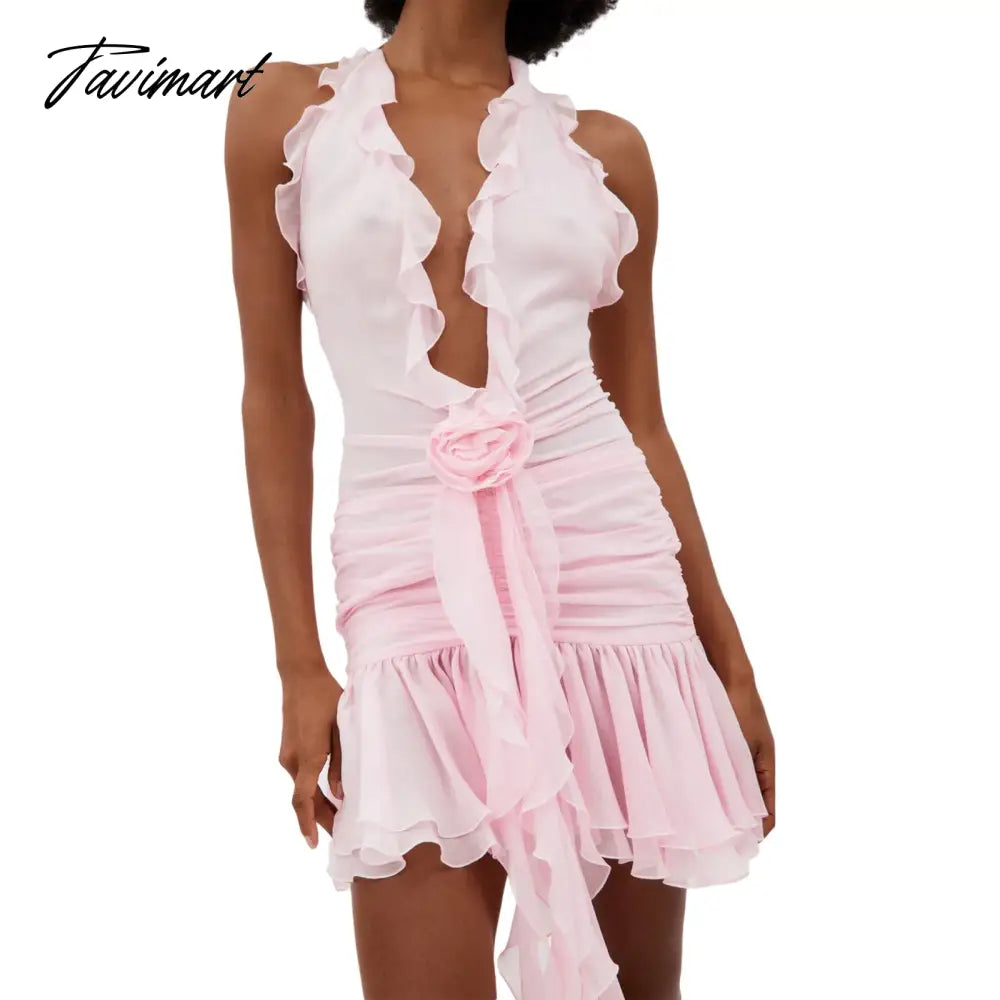 Women Sleeveless Halterneck Dress Summer Ruffled Flower Ruched Cocktail Party Dress with Tassels for Club Streetwear