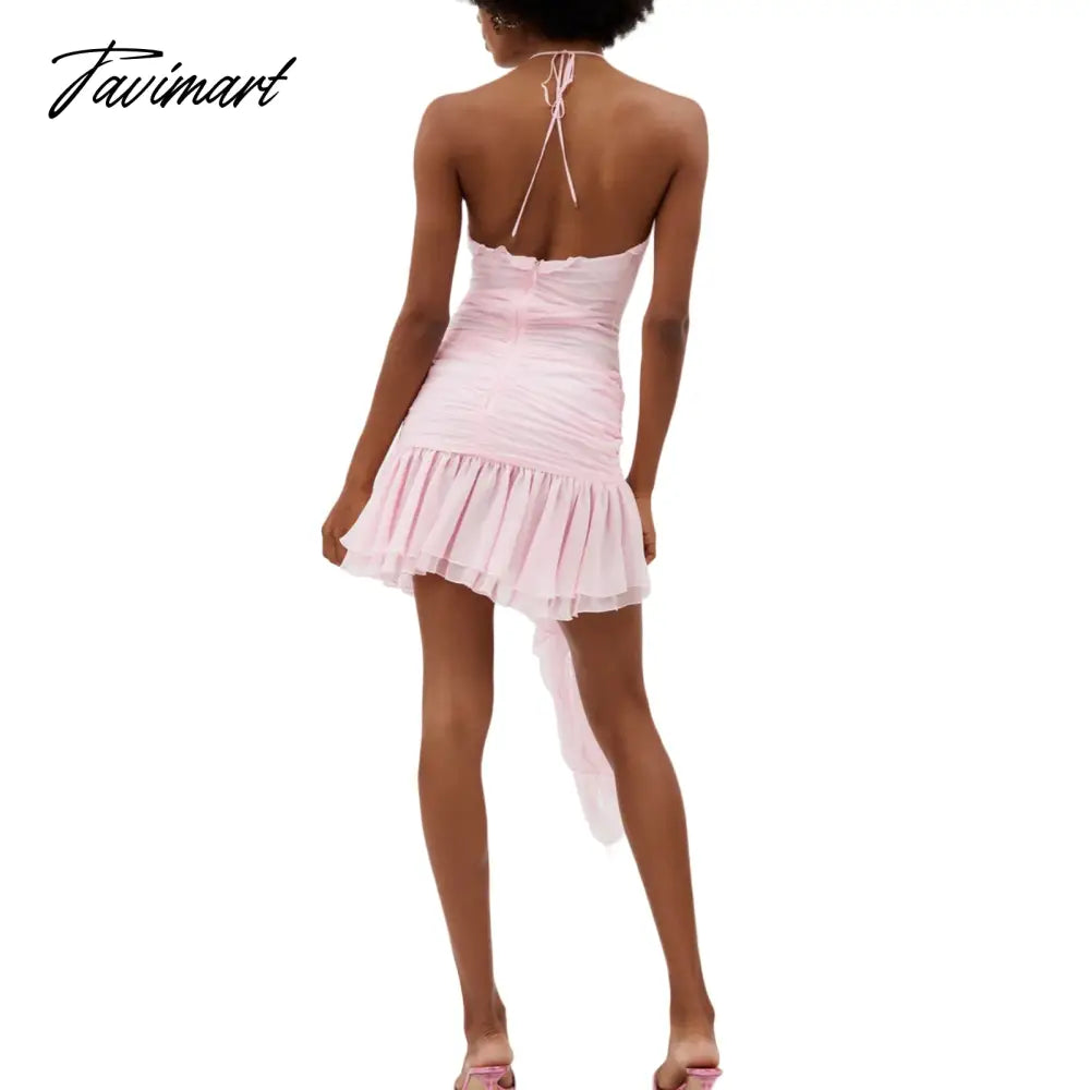 Women Sleeveless Halterneck Dress Summer Ruffled Flower Ruched Cocktail Party Dress with Tassels for Club Streetwear