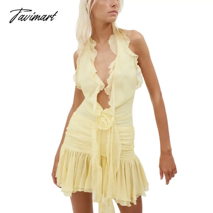 Women Sleeveless Halterneck Dress Summer Ruffled Flower Ruched Cocktail Party Dress with Tassels for Club Streetwear