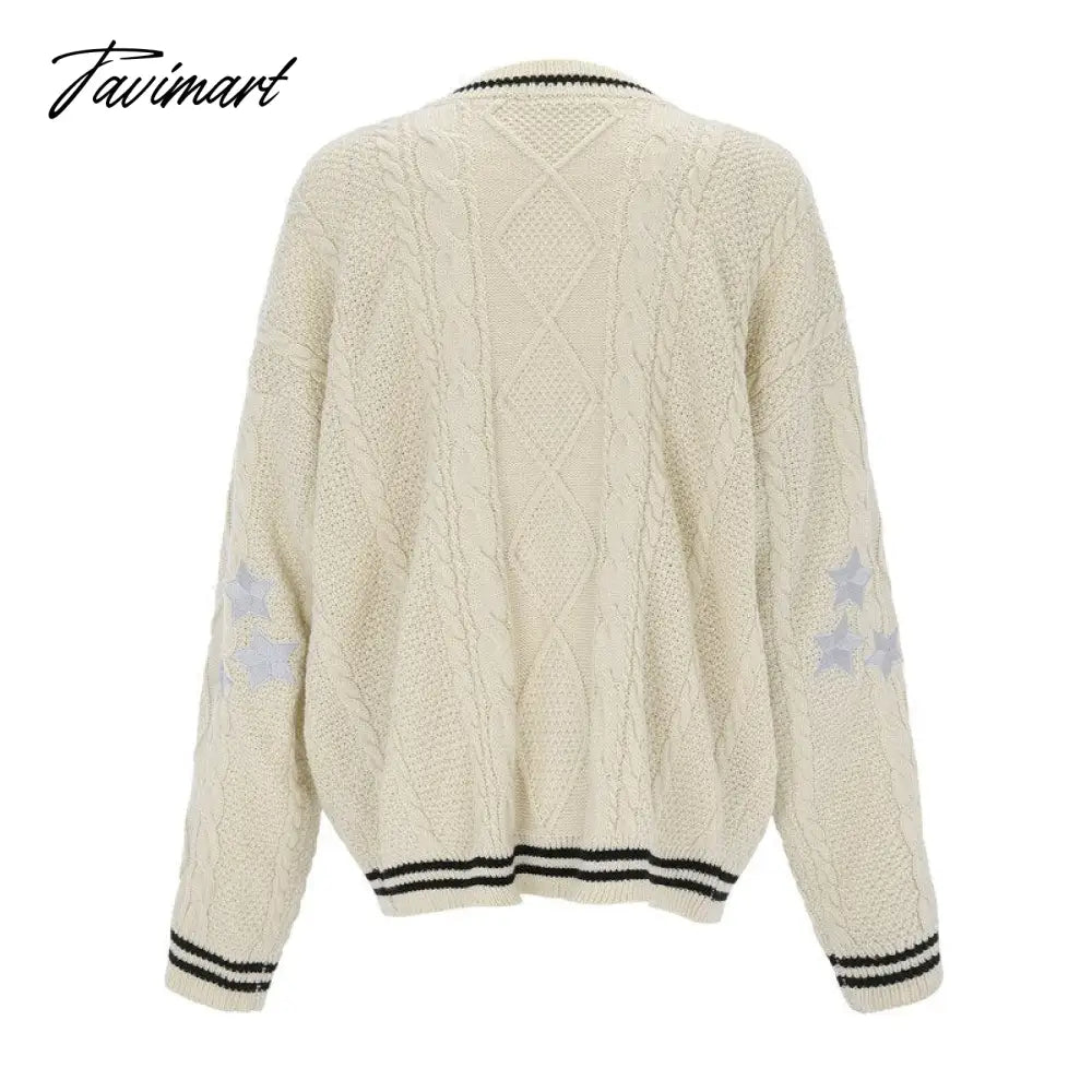Women Slight Strech Loose Fit Star Embroidery Trend Tay V-neck Lor Cardigan Fashion Warm Swif T Sweater Cardigan Mujer