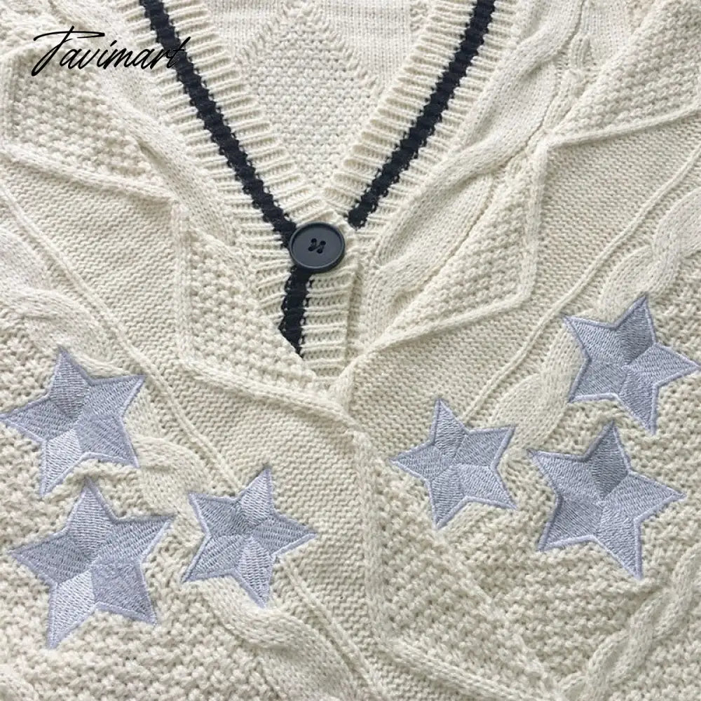 Women Slight Strech Loose Fit Star Embroidery Trend Tay V-neck Lor Cardigan Fashion Warm Swif T Sweater Cardigan Mujer
