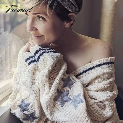 Women Slight Strech Loose Fit Star Embroidery Trend Tay V-neck Lor Cardigan Fashion Warm Swif T Sweater Cardigan Mujer