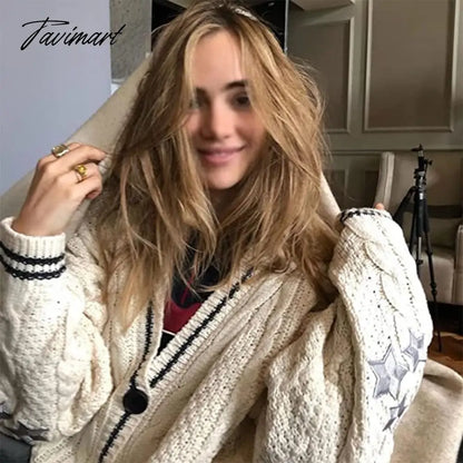 Women Slight Strech Loose Fit Star Embroidery Trend Tay V-neck Lor Cardigan Fashion Warm Swif T Sweater Cardigan Mujer