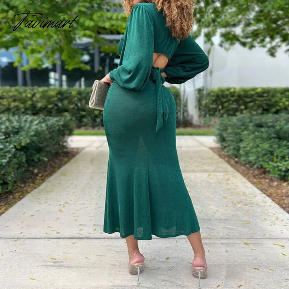 Women Solid Fashion Commuting Long Dresses Elegant Long Sleeve Bodycon Dress Sexy V Neck Lace-up Backless Hollow Out Party Dress