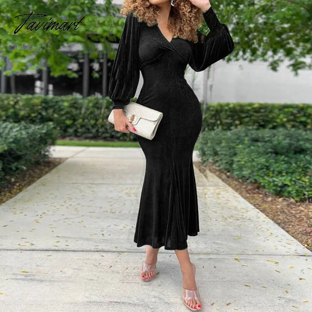 Women Solid Fashion Commuting Long Dresses Elegant Long Sleeve Bodycon Dress Sexy V Neck Lace-up Backless Hollow Out Party Dress