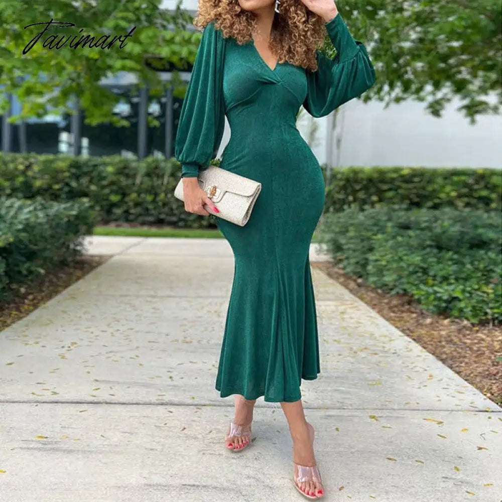 Women Solid Fashion Commuting Long Dresses Elegant Long Sleeve Bodycon Dress Sexy V Neck Lace-up Backless Hollow Out Party Dress