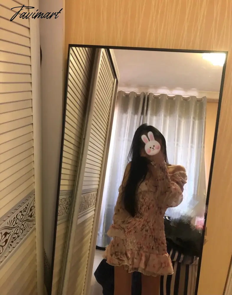 Women Square Collar Floral Print Long Sleeve Slim Waist Dress New Spring Off Shoulder High Waist Chiffon Ruffles Dresses