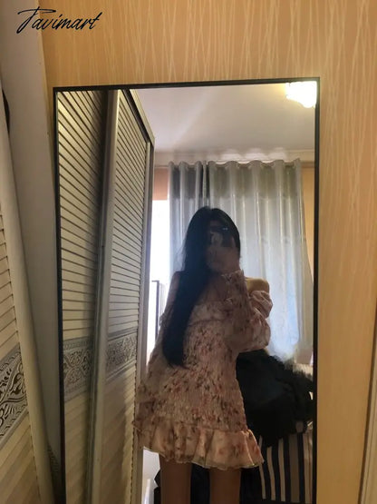 Women Square Collar Floral Print Long Sleeve Slim Waist Dress New Spring Off Shoulder High Waist Chiffon Ruffles Dresses