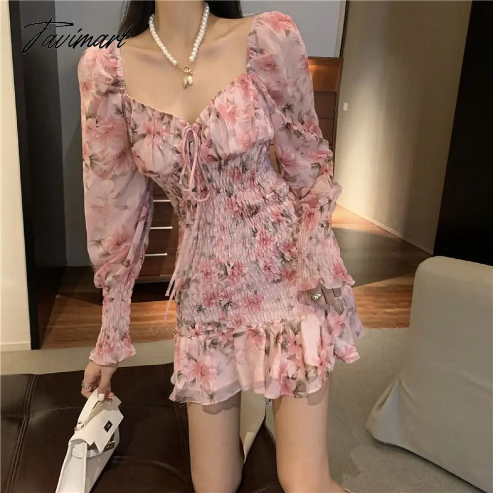 Women Square Collar Floral Print Long Sleeve Slim Waist Dress New Spring Off Shoulder High Waist Chiffon Ruffles Dresses