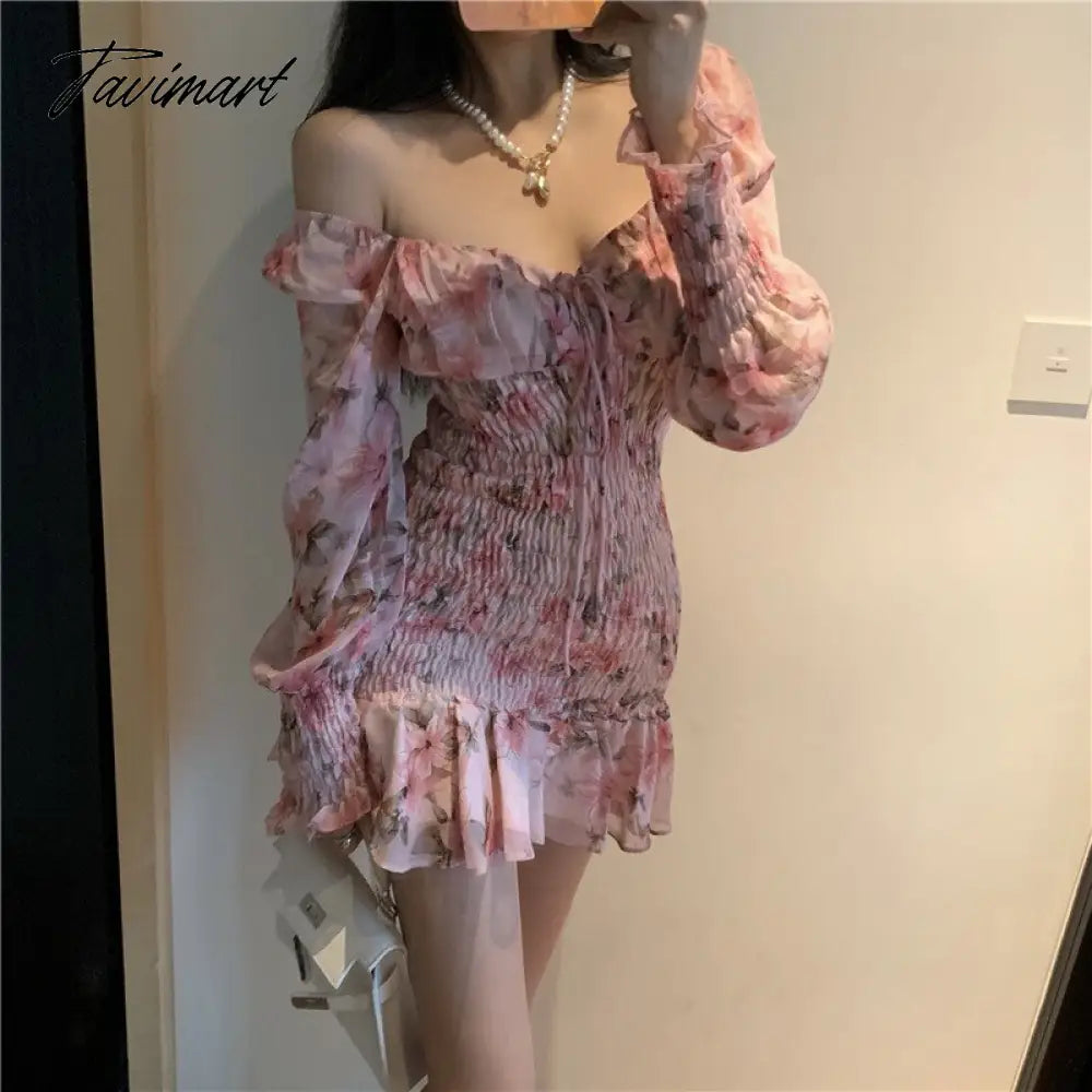 Women Square Collar Floral Print Long Sleeve Slim Waist Dress New Spring Off Shoulder High Waist Chiffon Ruffles Dresses