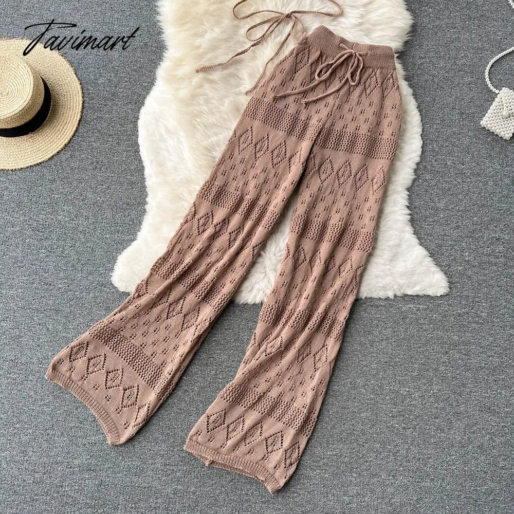 Women Summer Knitted Pants Set Halter Short Tops & Hollow Wide Leg Long Pants Sets Beach Sexy Backless Two Piece Suits