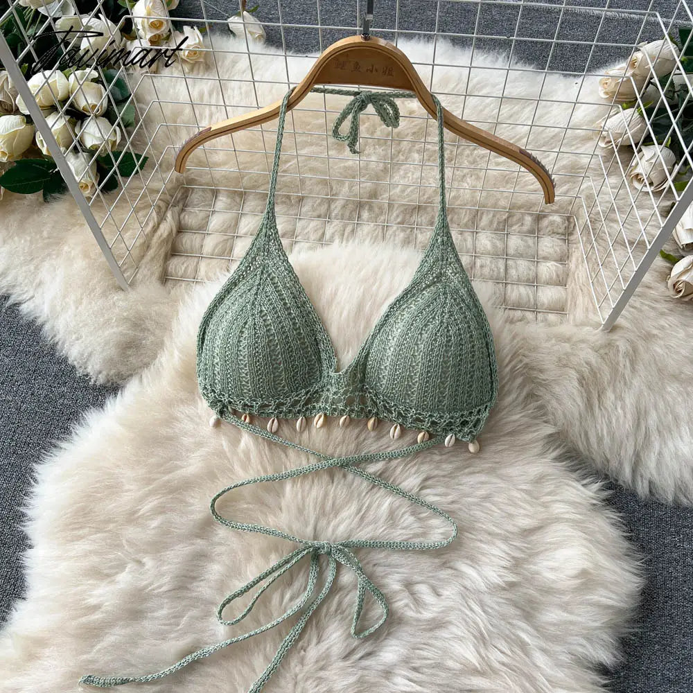 Women Summer Knitted Pants Set Halter Short Tops & Hollow Wide Leg Long Pants Sets Beach Sexy Backless Two Piece Suits
