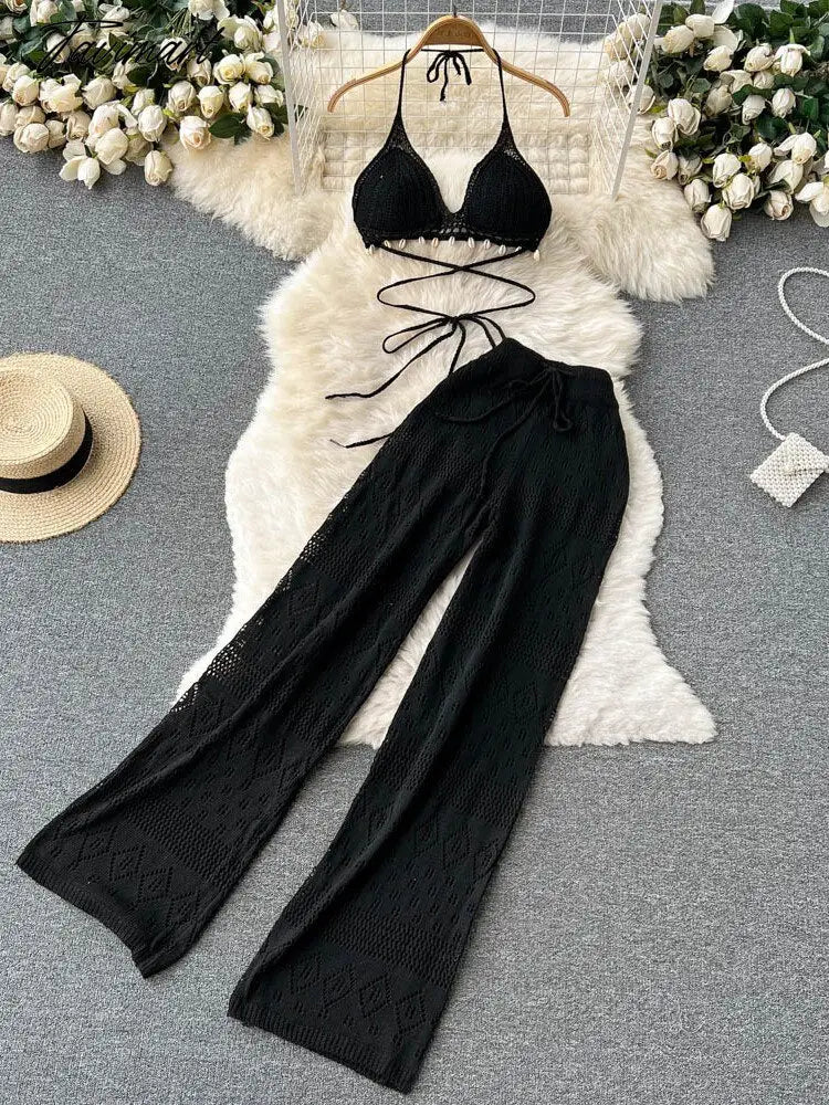 Women Summer Knitted Pants Set Halter Short Tops & Hollow Wide Leg Long Pants Sets Beach Sexy Backless Two Piece Suits