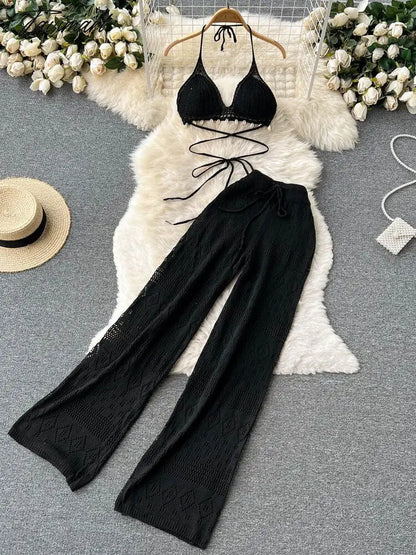 Women Summer Knitted Pants Set Halter Short Tops & Hollow Wide Leg Long Pants Sets Beach Sexy Backless Two Piece Suits