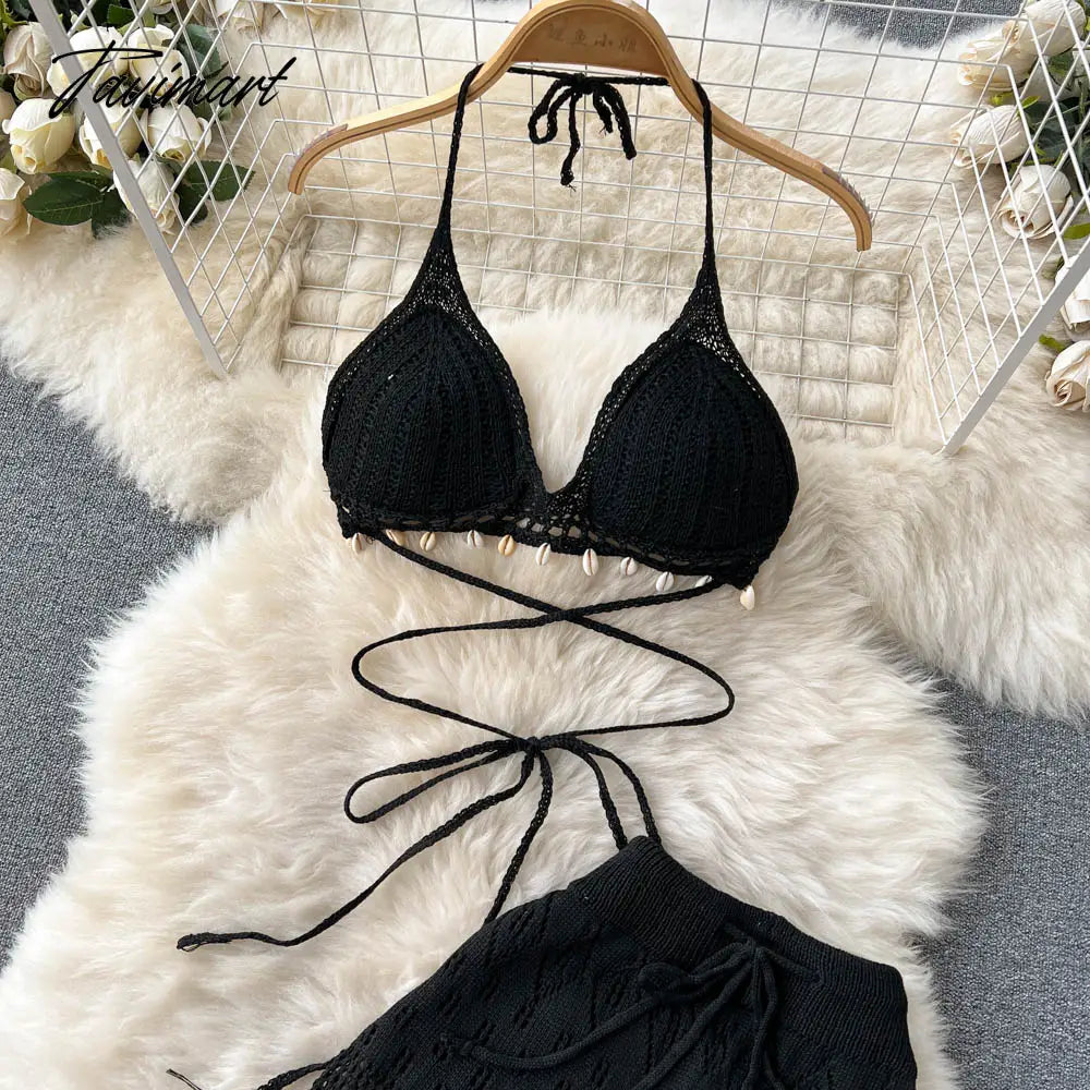 Women Summer Knitted Pants Set Halter Short Tops & Hollow Wide Leg Long Pants Sets Beach Sexy Backless Two Piece Suits