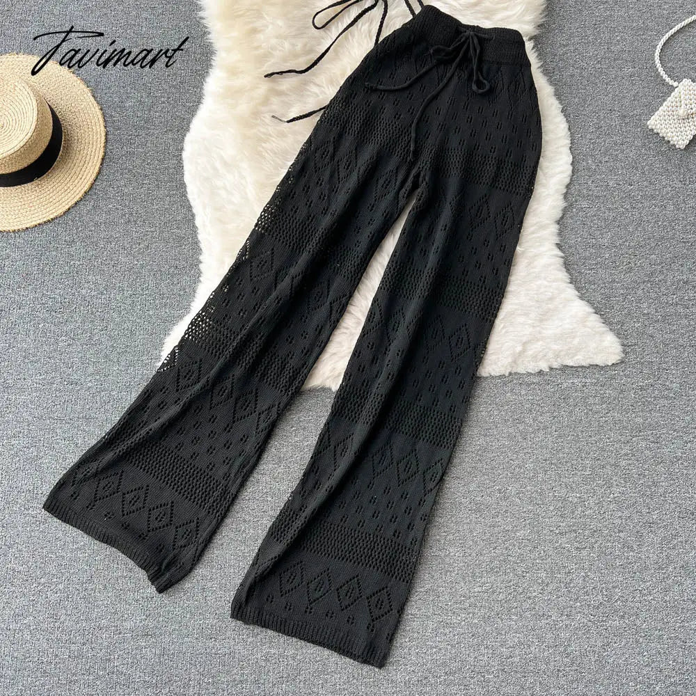Women Summer Knitted Pants Set Halter Short Tops & Hollow Wide Leg Long Pants Sets Beach Sexy Backless Two Piece Suits