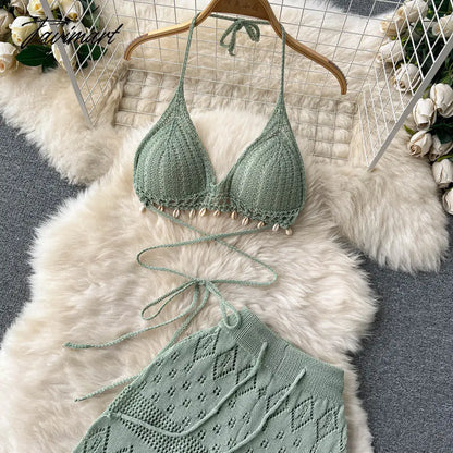 Women Summer Knitted Pants Set Halter Short Tops & Hollow Wide Leg Long Pants Sets Beach Sexy Backless Two Piece Suits