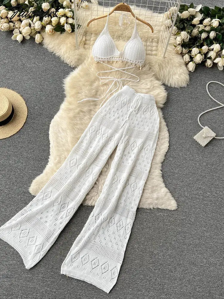 Women Summer Knitted Pants Set Halter Short Tops & Hollow Wide Leg Long Pants Sets Beach Sexy Backless Two Piece Suits