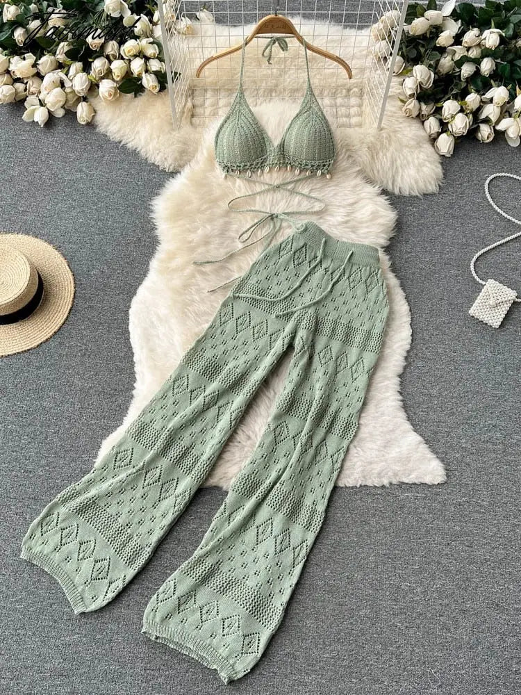 Women Summer Knitted Pants Set Halter Short Tops & Hollow Wide Leg Long Pants Sets Beach Sexy Backless Two Piece Suits